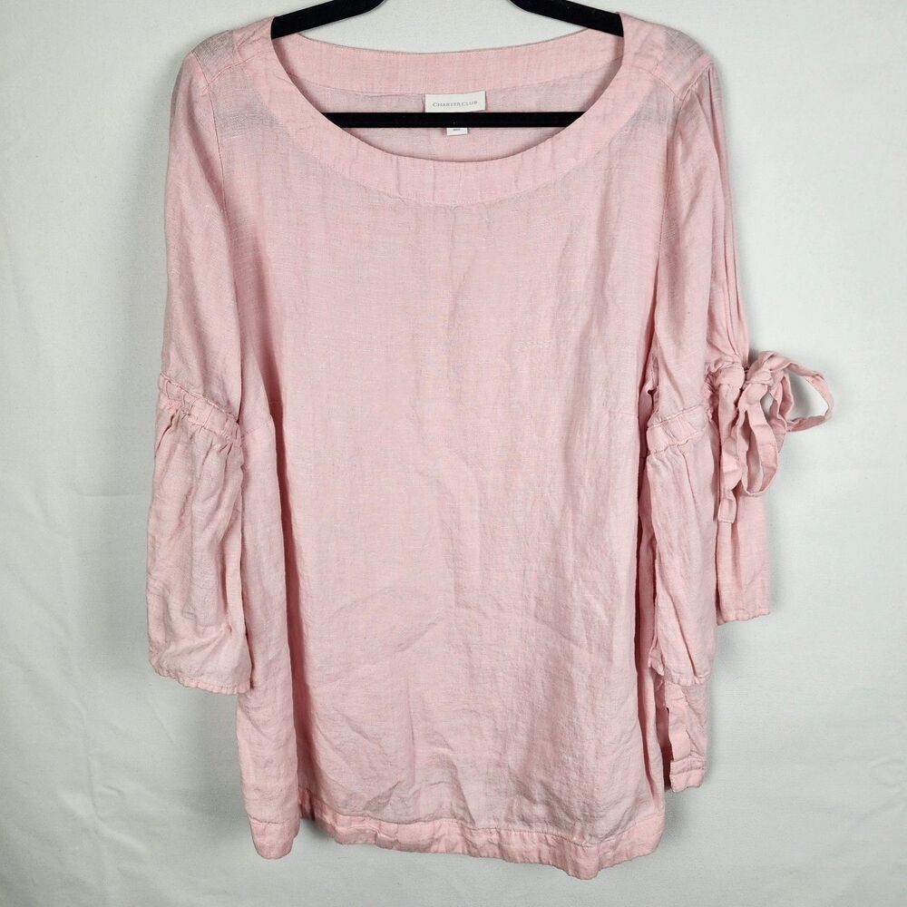 CHARTER CLUB 100% Linen Blouse Top Women's Size 1X Tie Bell Sleeves‎ Pink